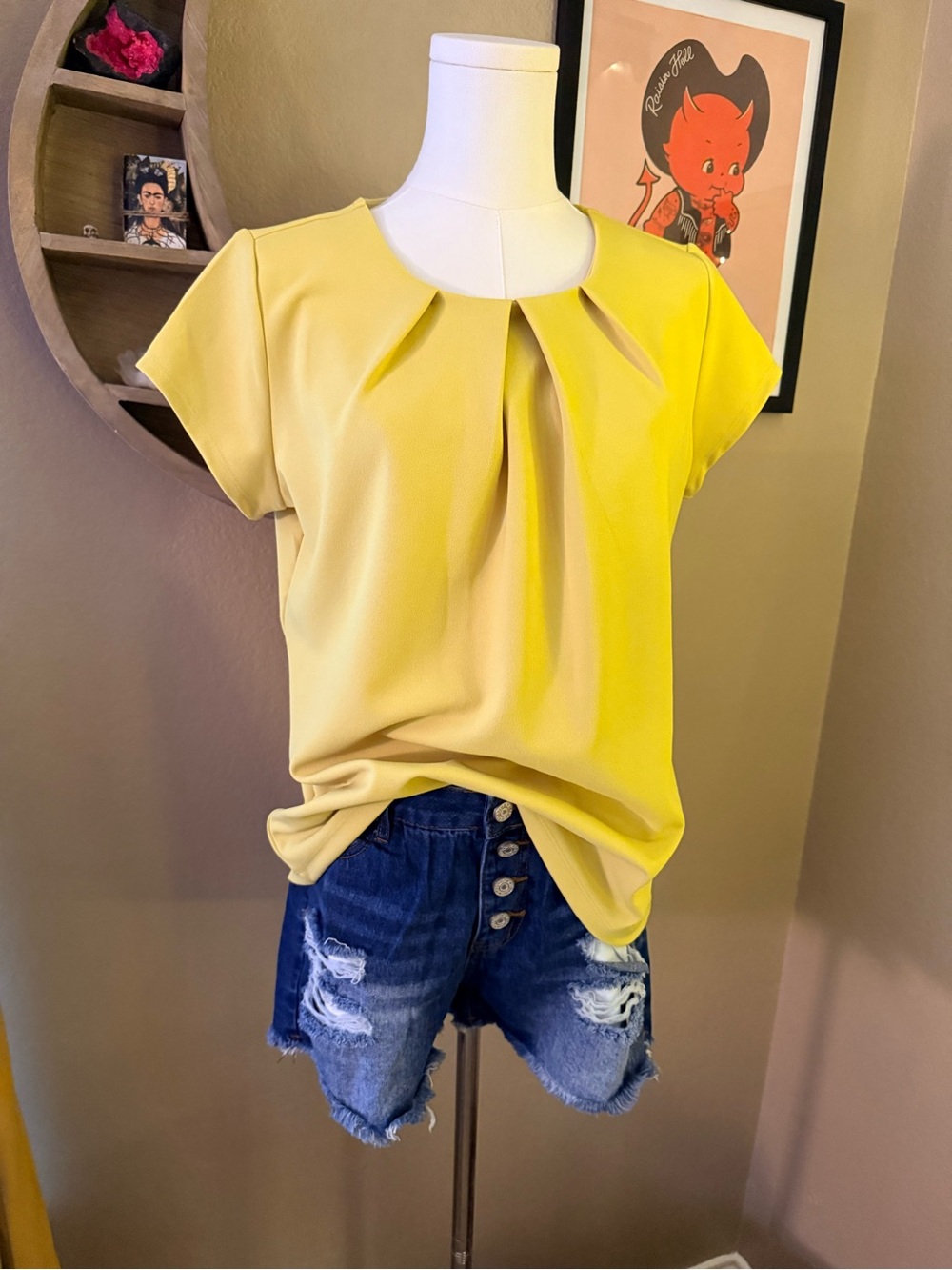 Pleated Round-Neck Women's Top in Yellow
